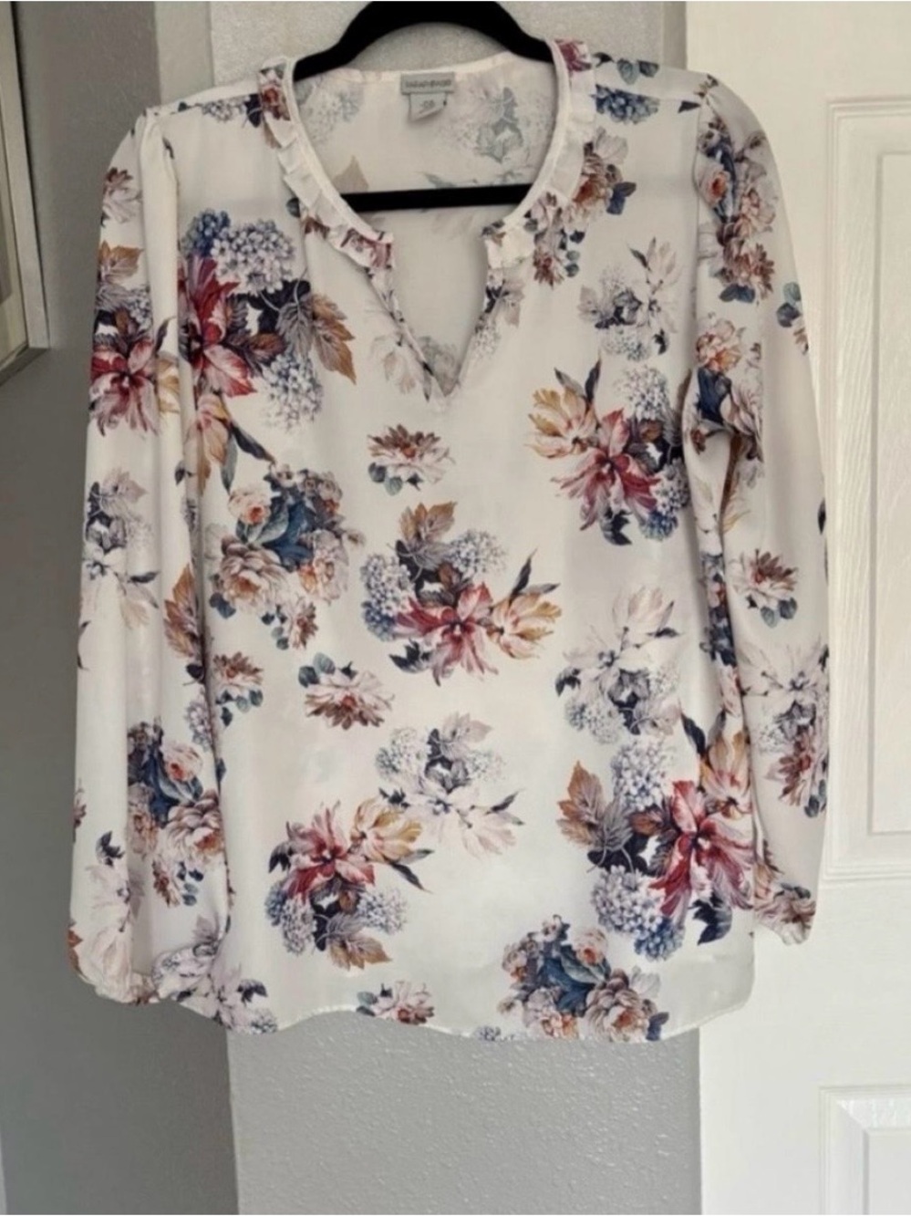 Pharaphase Women's Floral V-Notch Long Sleeve Blouse in Light Cream Size L